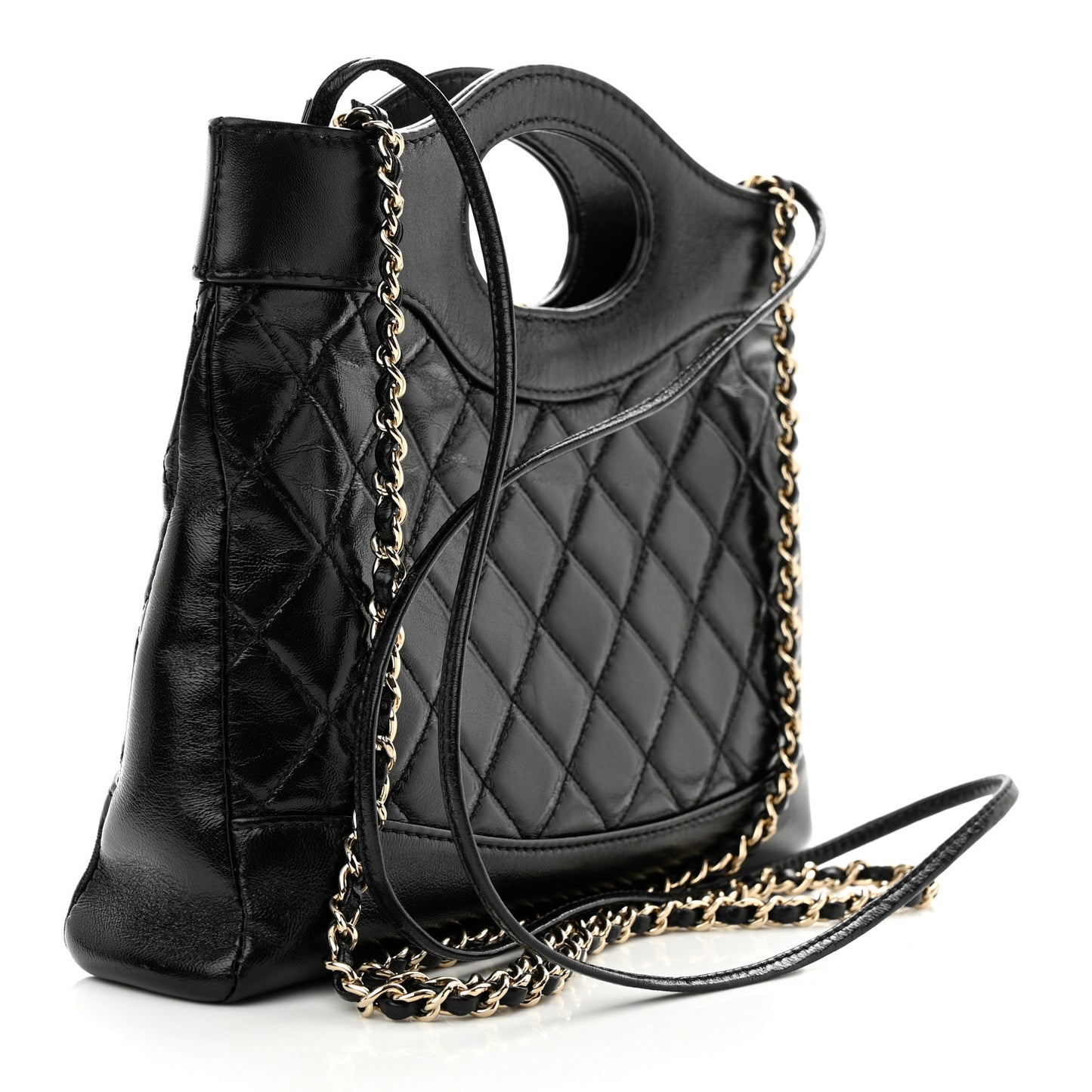 Shiny Crumpled Calfskin Quilted Mini 31 Shopping Bag Black