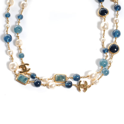 Chanel Beaded Pearl CC Long Strand Necklace Gold Blue 1 of 4