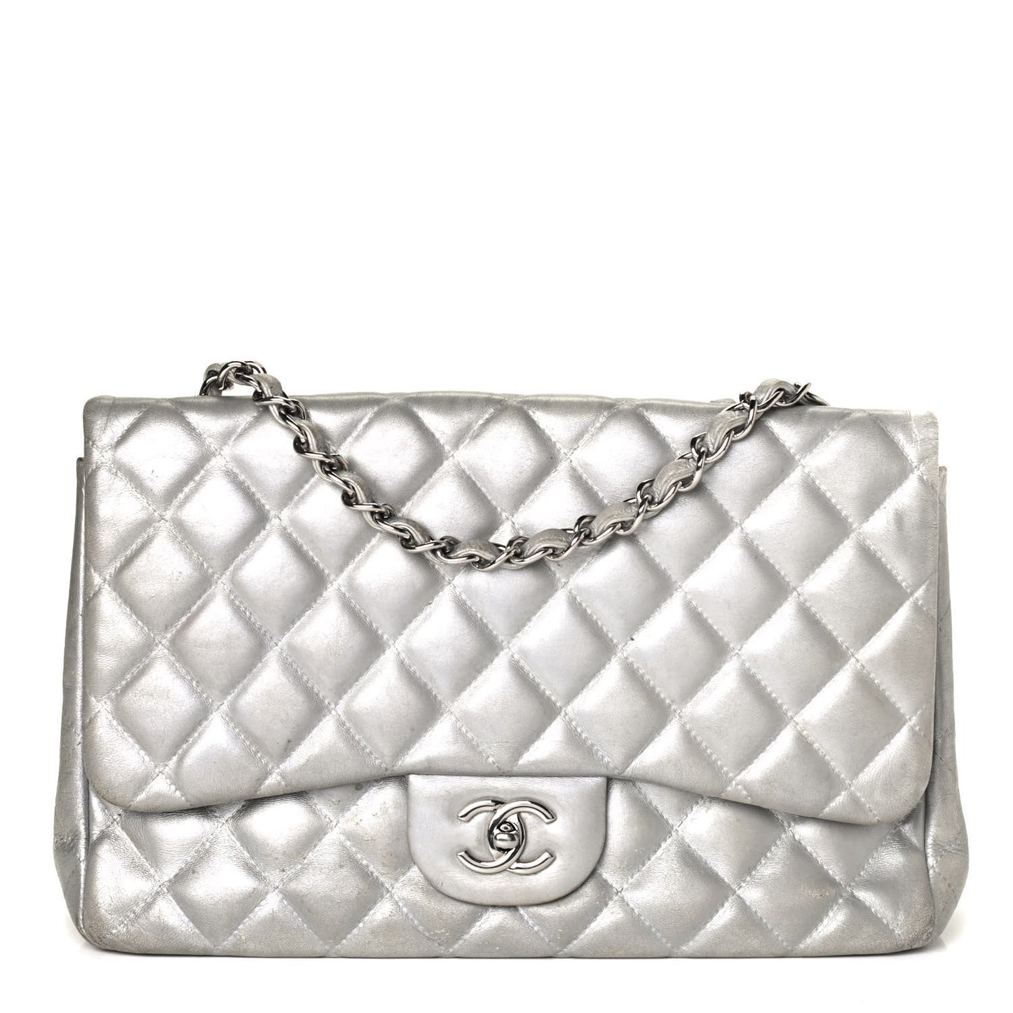 Metallic Lambskin Quilted Jumbo Single Flap Silver