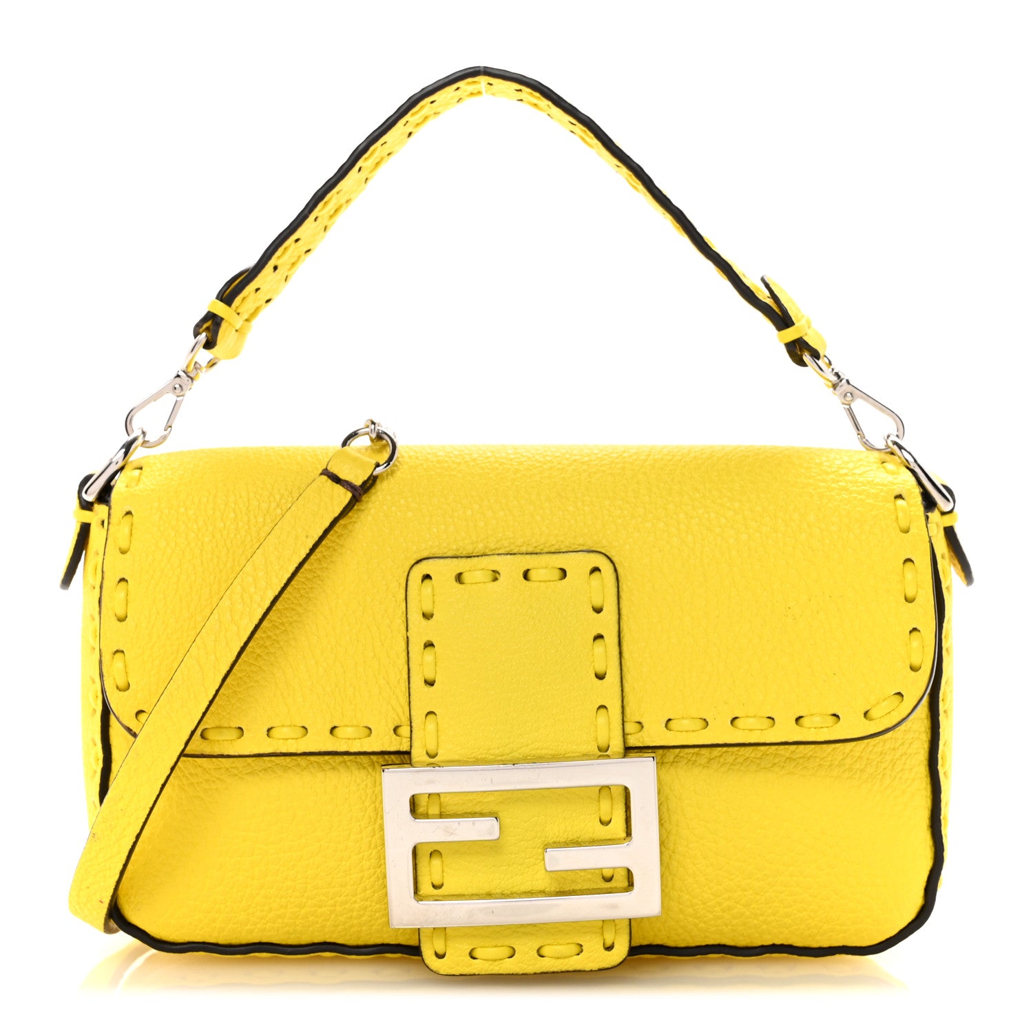 Fendi Cuoio Roma Sellerissima Nappa Sintetica Tape Stitch Mini Baguette Acid Yellow 1 of 15