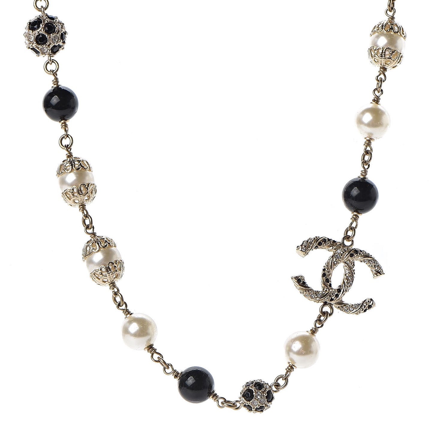 Crystal Pearl Beaded CC Short Necklace Gold Black