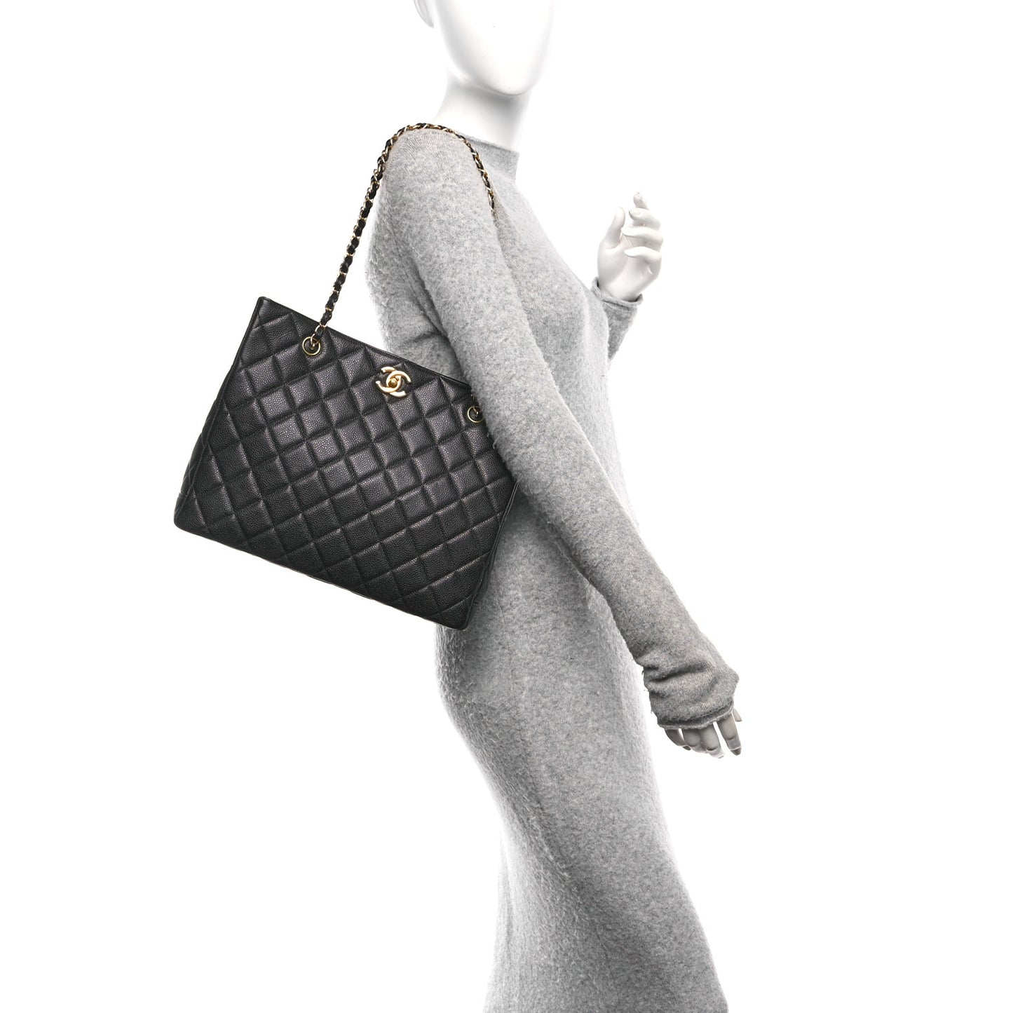 Caviar Quilted Small Shopping Tote Black