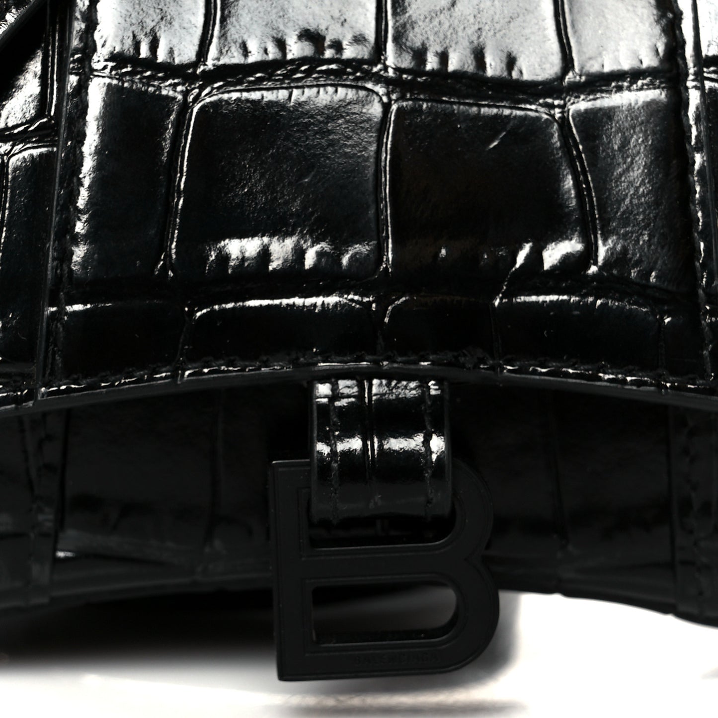 Shiny Calfskin Monochrome Crocodile Embossed Hourglass Top Handle Bag Mini Black