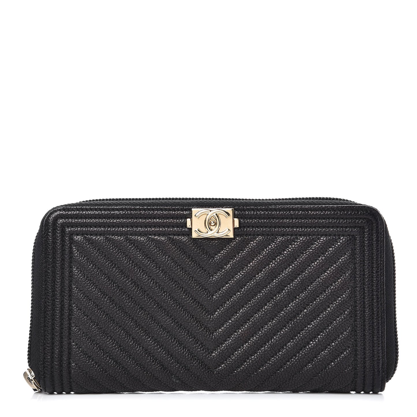 Caviar Chevron Quilted Zip Around Boy Wallet Black