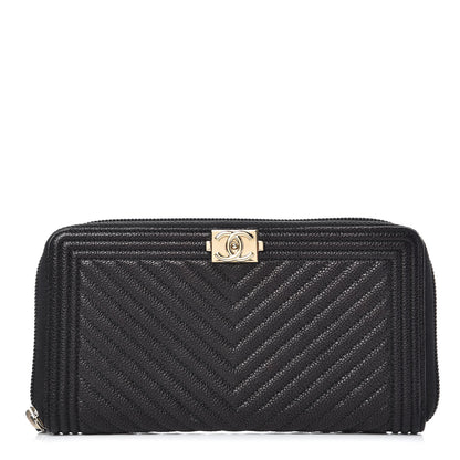 Chanel Caviar Chevron Quilted Zip Around Boy Wallet Black 1 of 11