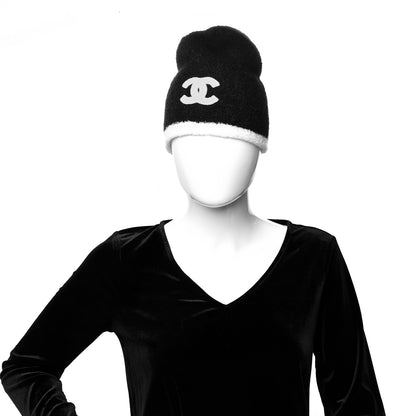 Chanel Cashmere Silk CC Beanie Hat Black White 2 of 5
