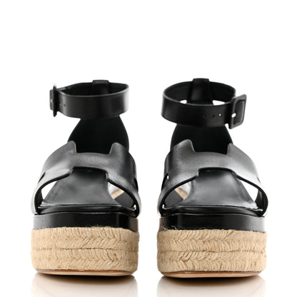 Hermes Goatskin Elda Espadrille Wedge Sandals 37 Black 2 of 11