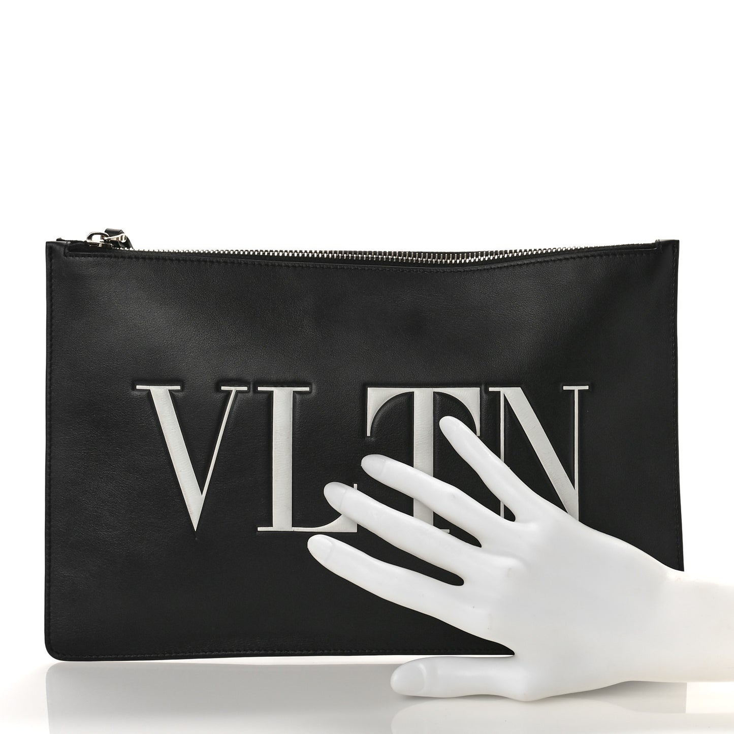 Calfskin VLTN Large Flat Zip Pouch Black