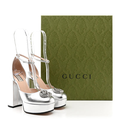 Gucci Metallic Nappa Crystal Double G Platform Pumps 36.5 Argento 9 of 9