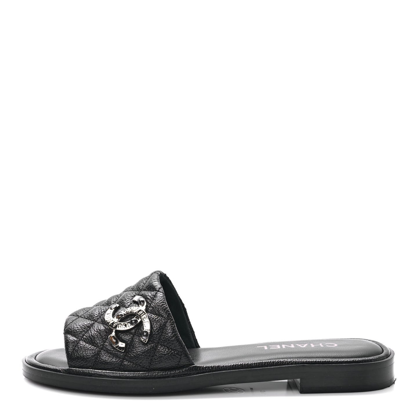 Shiny Goatskin Quilted CC Mules Sandals 38.5 Black