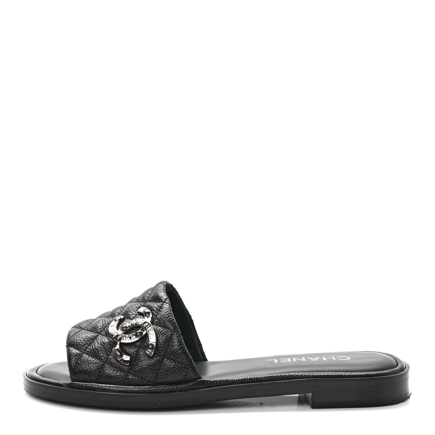Chanel Shiny Goatskin Quilted CC Mules Sandals 38.5 Black 1 of 9
