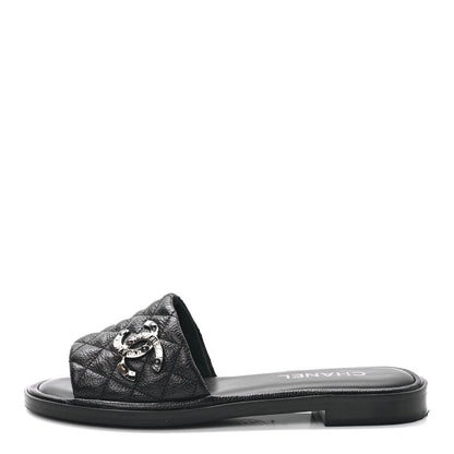 Chanel Shiny Goatskin Quilted CC Mules Sandals 38.5 Black 1 of 9