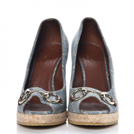 Gucci Denim Monogram Horsebit Open Toe Espadrille Wedges 39.5 Blue 2 of 15