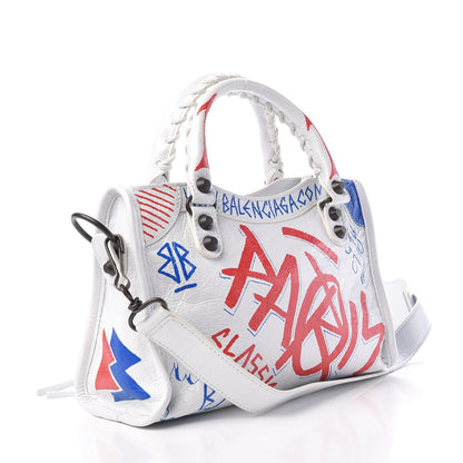 Balenciaga Agneau Graffiti All Over Classic Hardware Mini City White Bleu Rouge 4 of 10