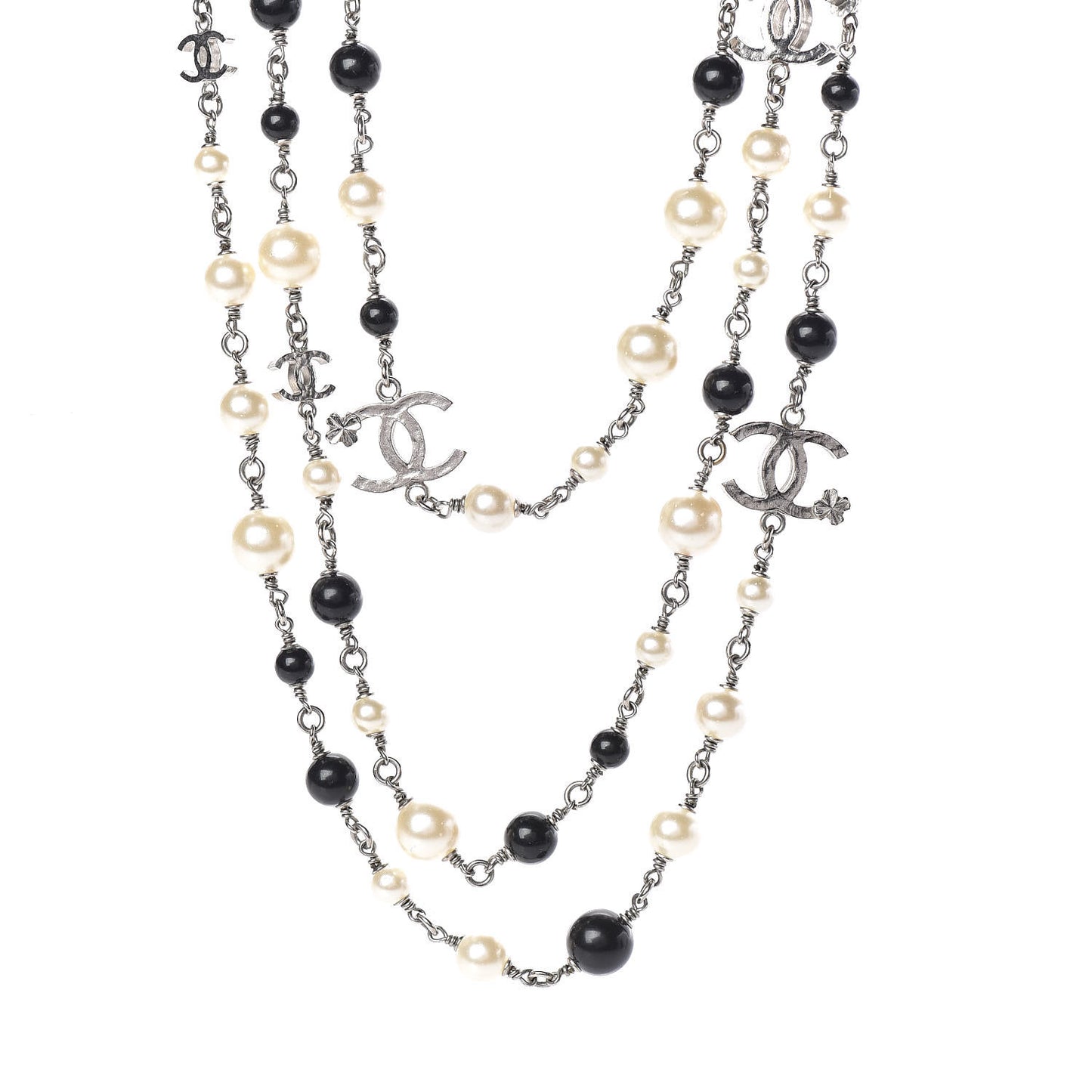 Pearl Bead Enamel CC Long Necklace Black Silver