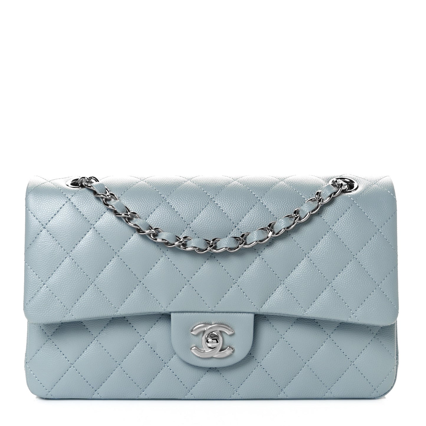 Caviar Quilted Medium Double Flap Light Blue