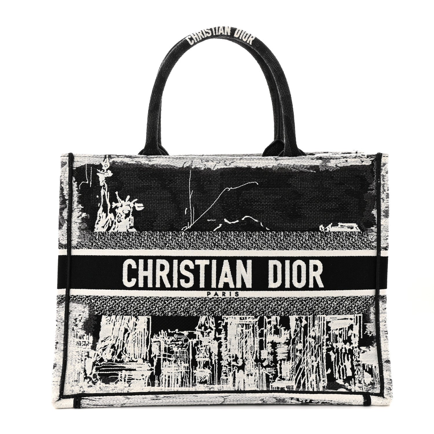 Christian Dior Canvas Embroidered Medium New York Book Tote Black White 1 of 12