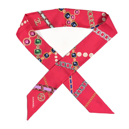 Chanel Silk Pearl CC Chain Slim Bandeau Scarf Red 1 of 4