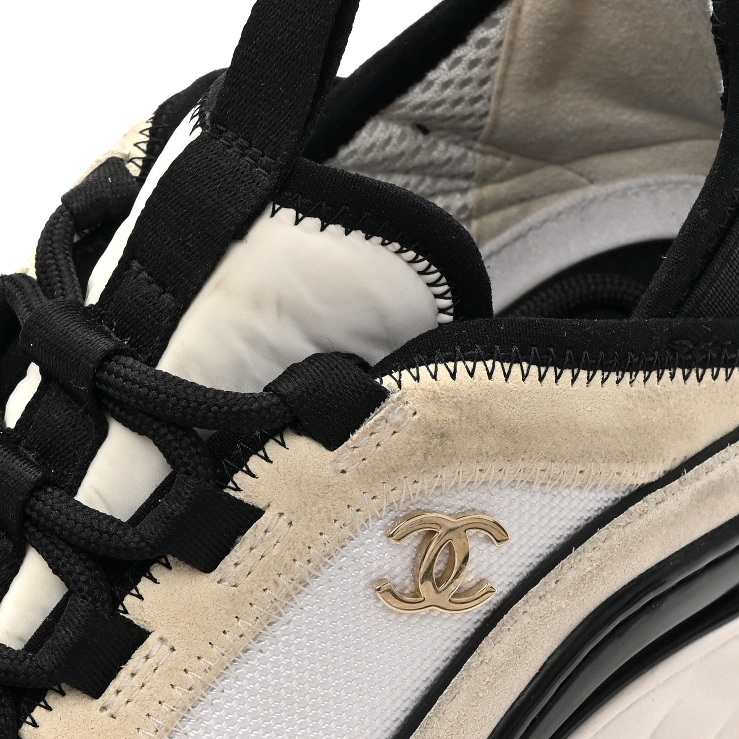 Chanel Velvet Calfskin Mixed Fibers CC Sneakers 37.5 Ivory Black 10 of 12