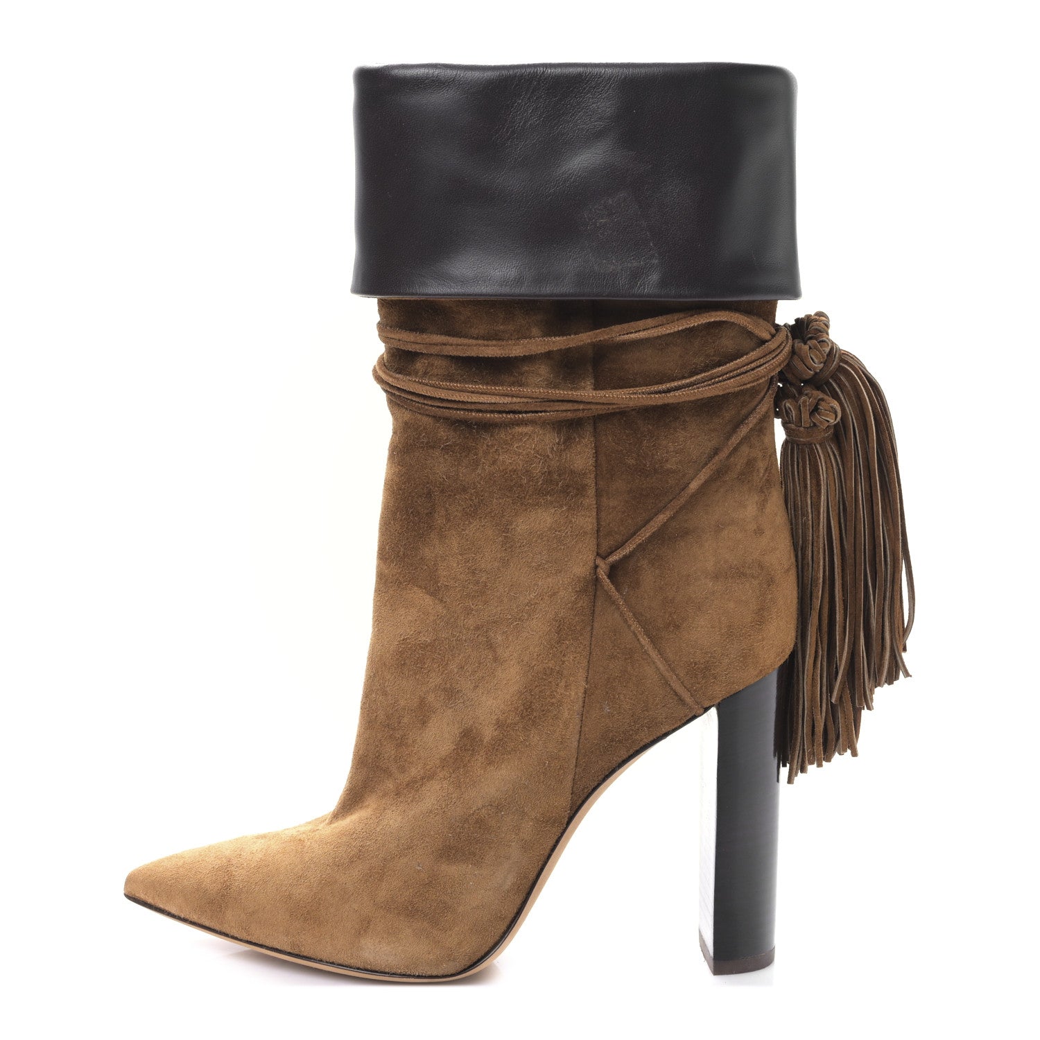Saint Laurent Calfskin Suede Tanger Tassel Ankle Boots 37.5 Black Brown 1 of 9