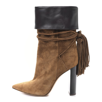 Saint Laurent Calfskin Suede Tanger Tassel Ankle Boots 37.5 Black Brown 1 of 9