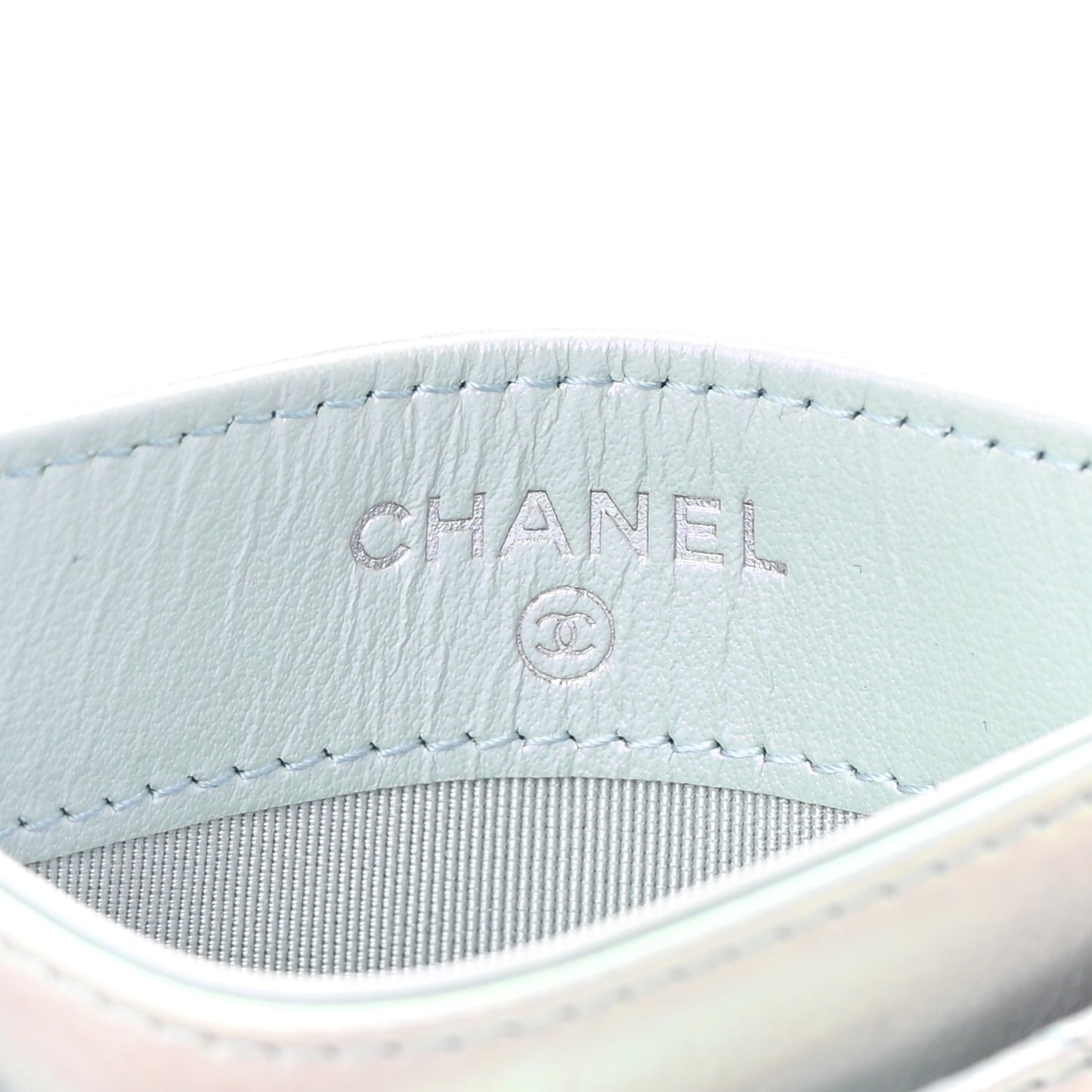 Iridescent Calfskin Quilted Card Holder Light Blue