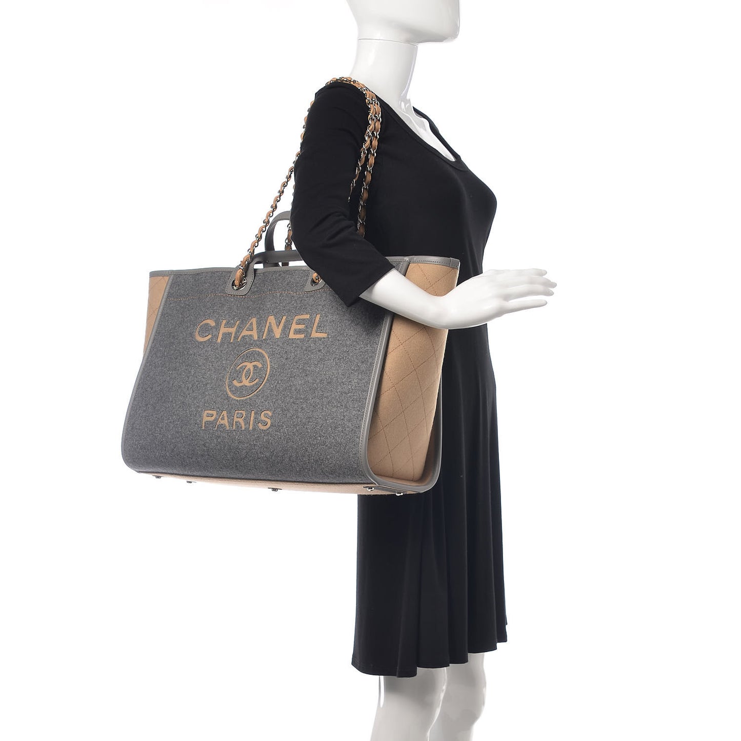 Wool Felt Calfskin Large Deauville Tote Grey Beige