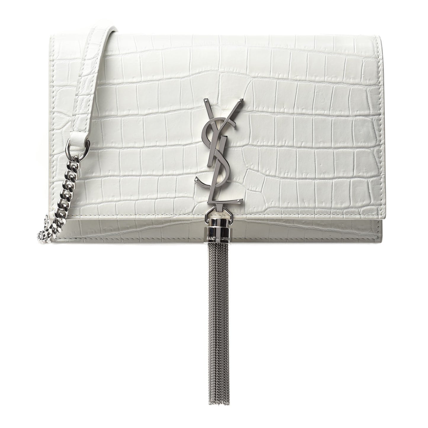 Calfskin Crocodile Embossed Kate Monogram Tassel Chain Wallet Cremasoft