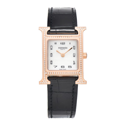 Hermes 18K Rose Gold Alligator Diamond Bezel Mother of Pearl 21mm Heure H Hour Quartz Watch Noir 1 of 5