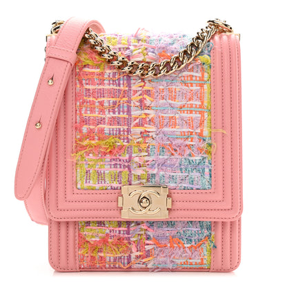Chanel Calfskin Tweed Quilted North South Boy Flap Pink 1 of 10