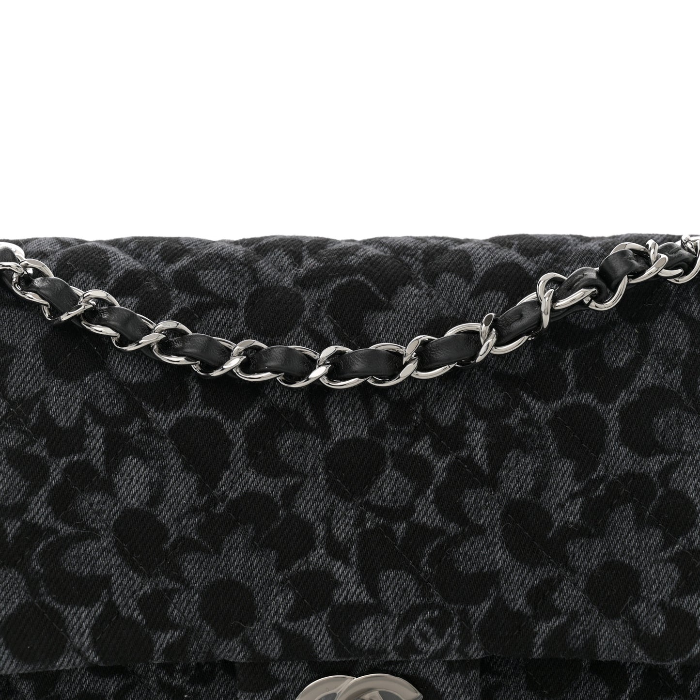 Printed Denim Quilted Flower Medium Double Flap Black