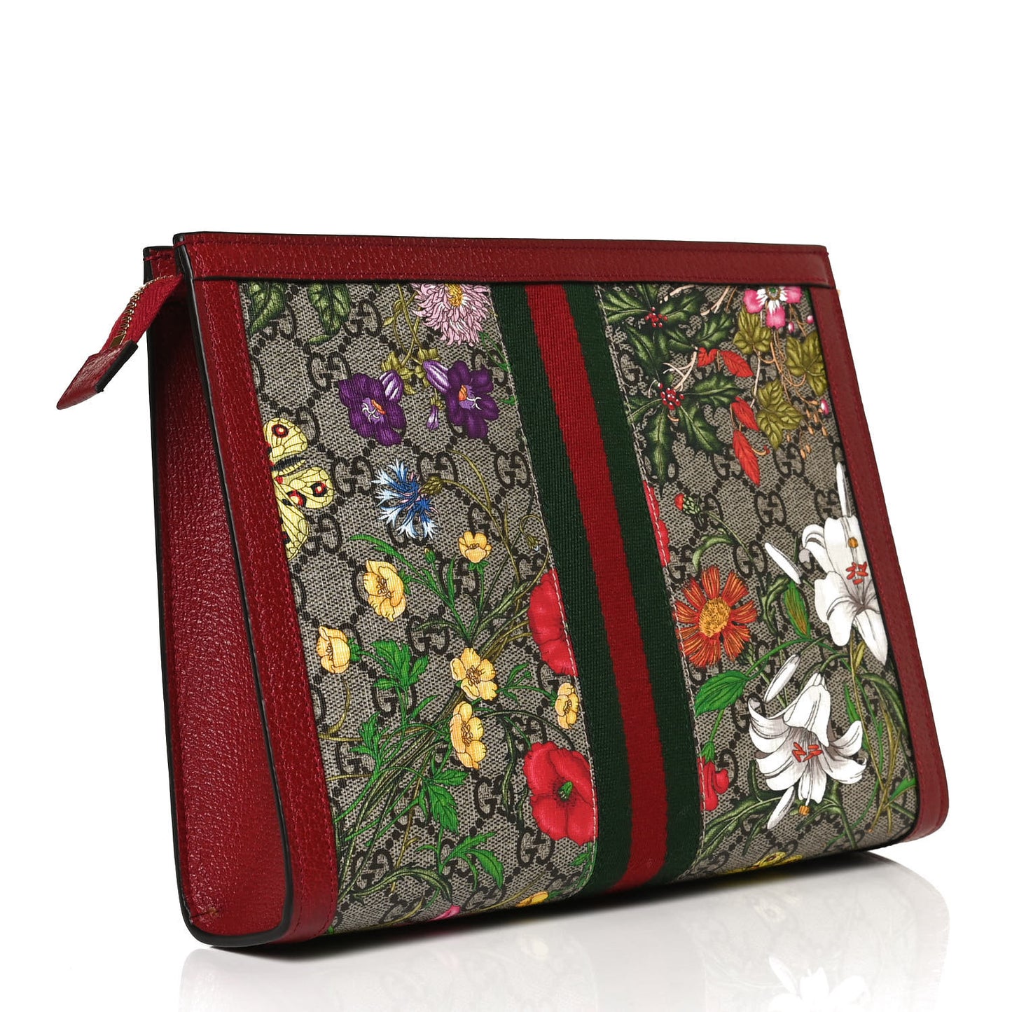 GG Supreme Monogram Flora Web Ophidia Pouch Red