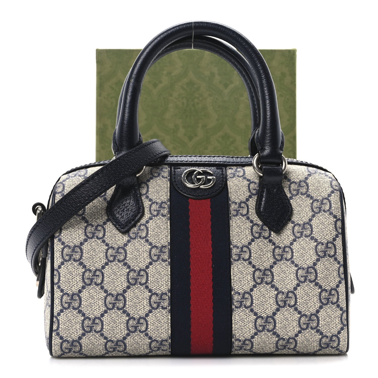 Gucci GG Supreme Monogram Textured Dollar Calfskin Web Mini Ophidia Top Handle Bag Beige Blue 11 of 11