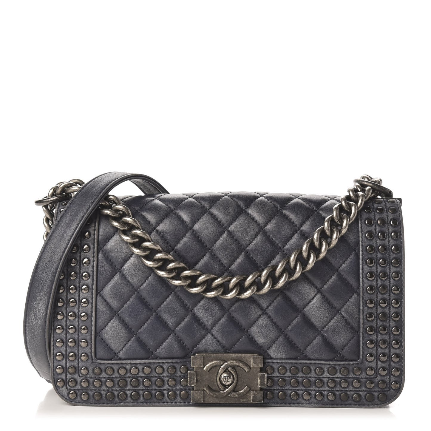 Faded Calfskin Quilted Medium Studded Boy Flap Black