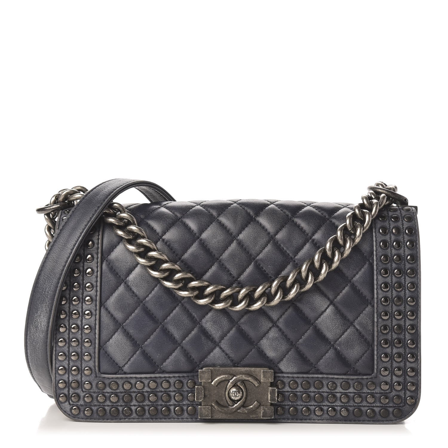 Chanel Faded Calfskin Quilted Medium Studded Boy Flap Black 1 of 13