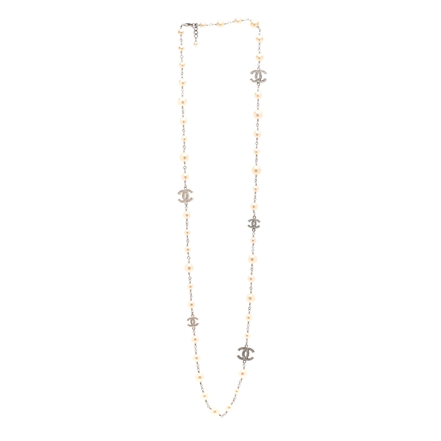Graduated Pearl Crystal CC Long Necklace Silver