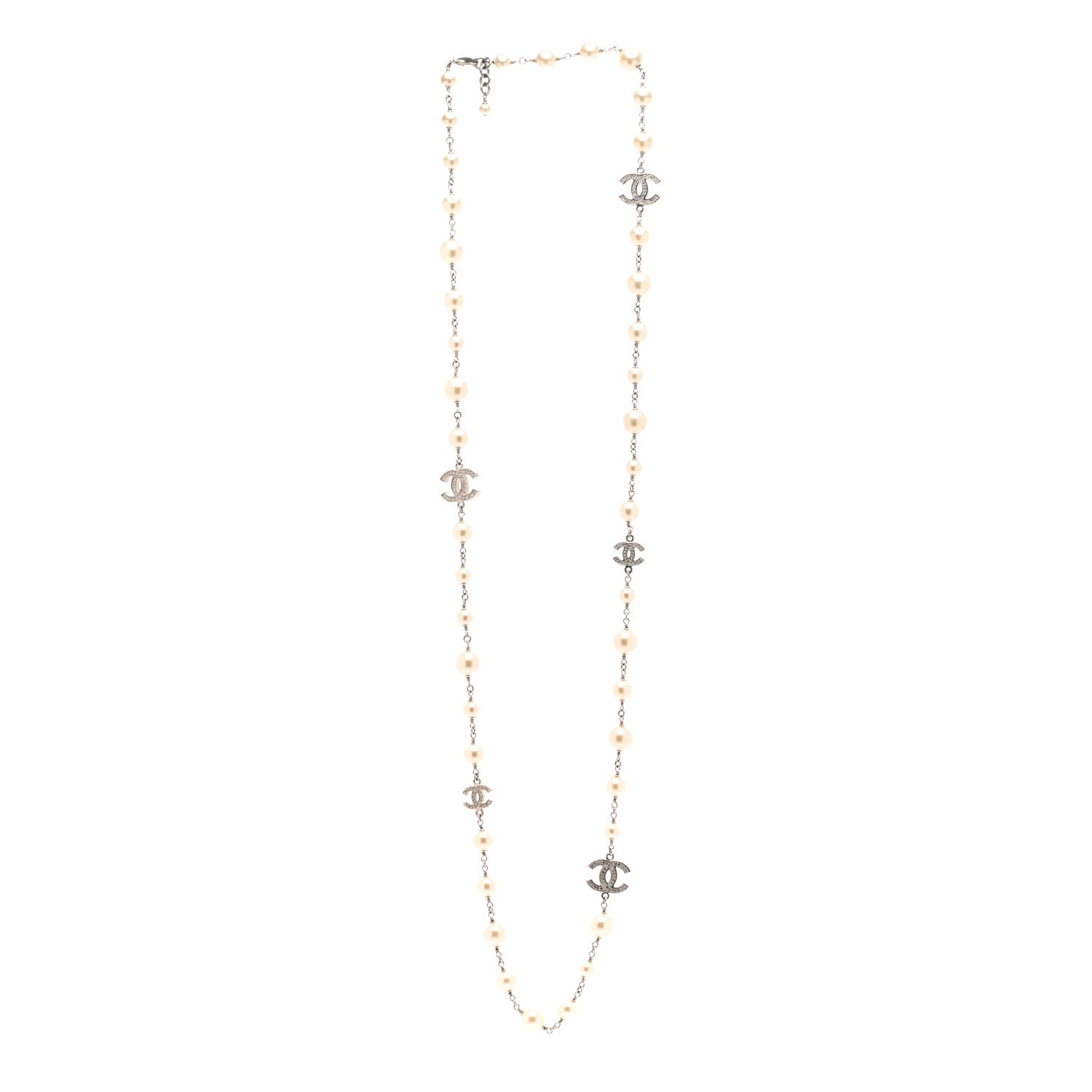 Chanel Graduated Pearl Crystal CC Long Necklace Silver 4 of 6