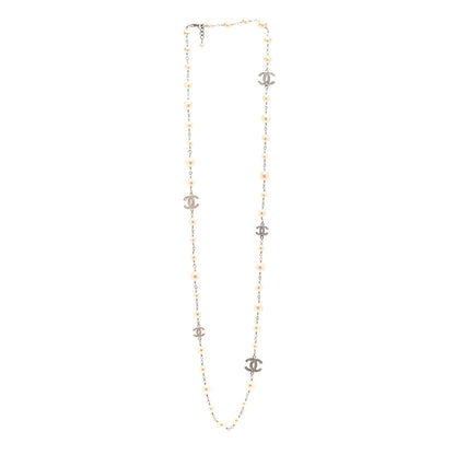 Chanel Graduated Pearl Crystal CC Long Necklace Silver 4 of 6