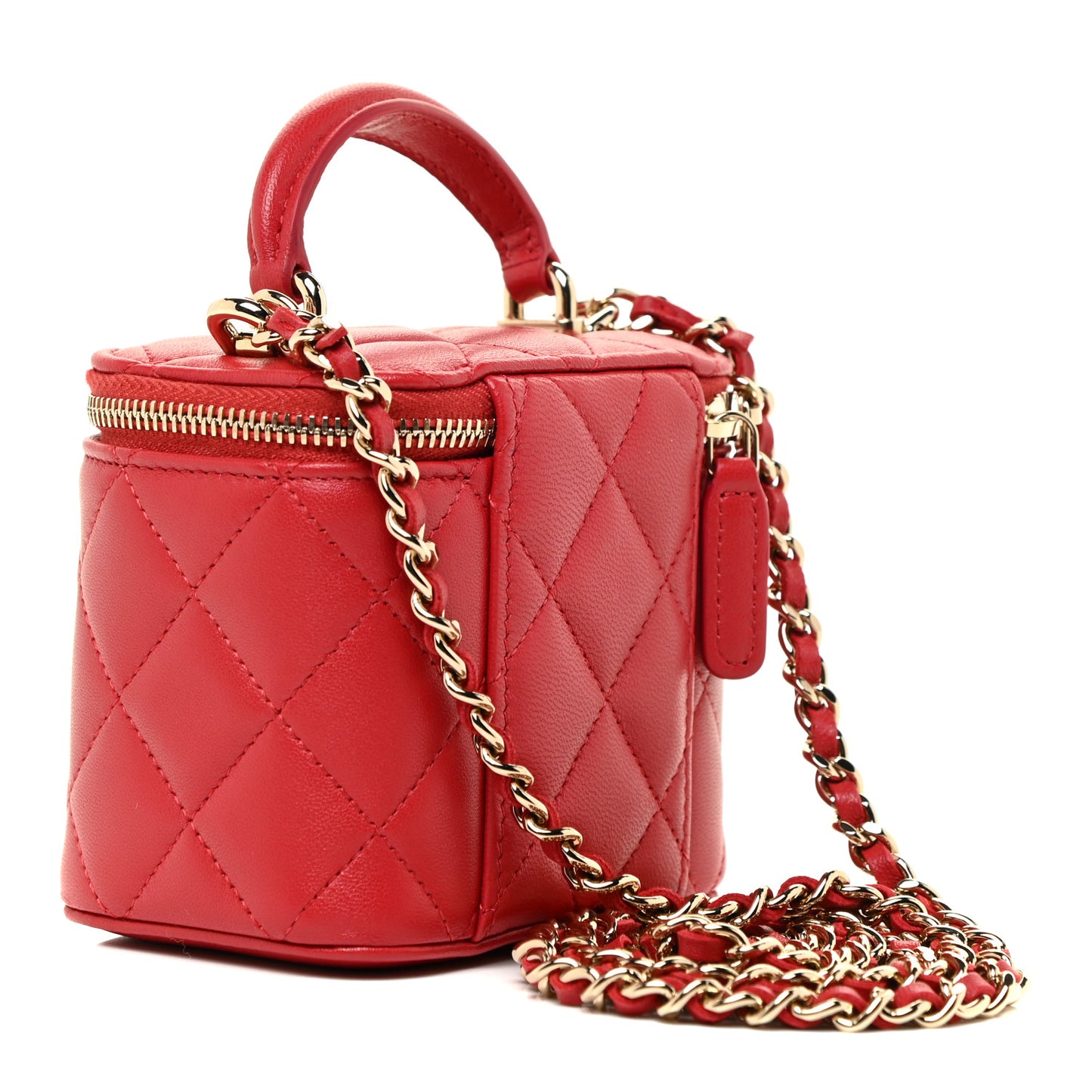 Lambskin Quilted Top Handle Mini Vanity Case With Chain Red