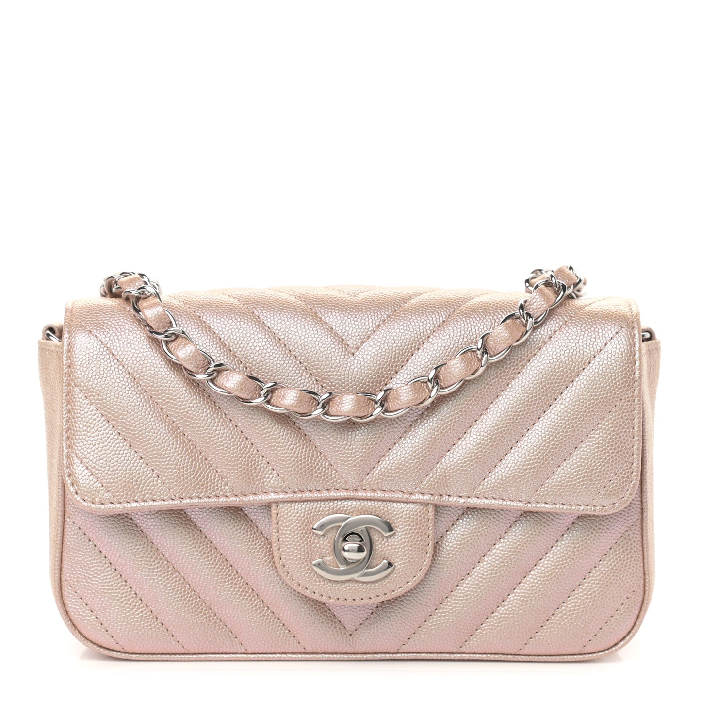 Iridescent Caviar Chevron Quilted Mini Rectangular Flap Light Gold