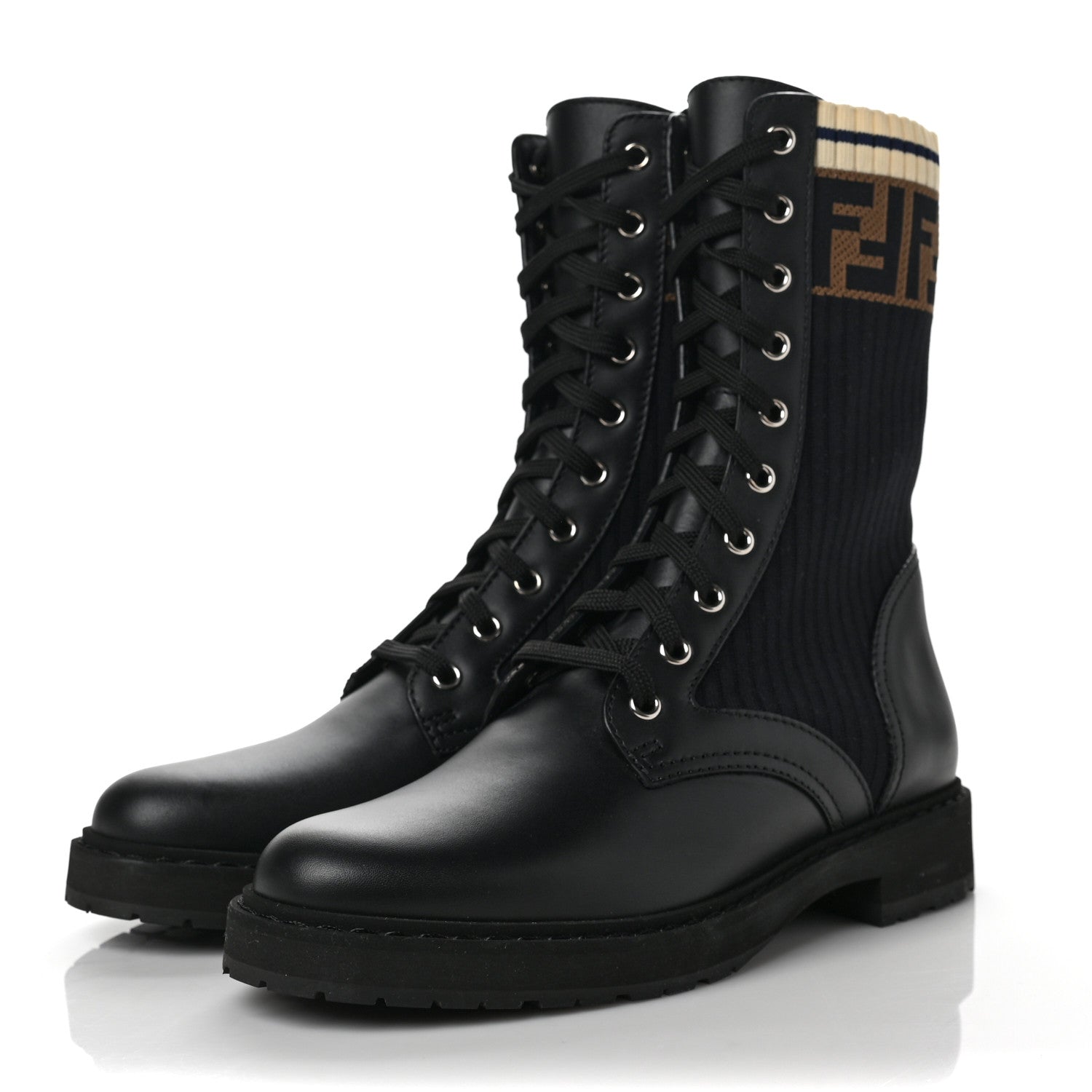 Fendi Calfskin Stretch Fabric Rockoko Biker Boots 39 Tobacco Black Marino 3 of 6