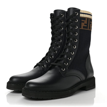 Fendi Calfskin Stretch Fabric Rockoko Biker Boots 39 Tobacco Black Marino 3 of 6
