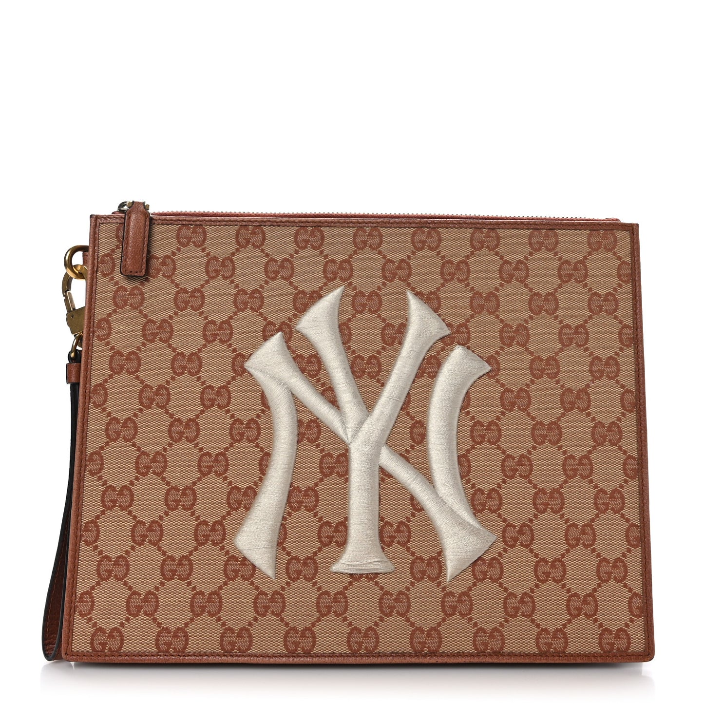 X MLB GG Monogram NY Yankees Zip Wristlet Pouch Beige Ruggine Ivory