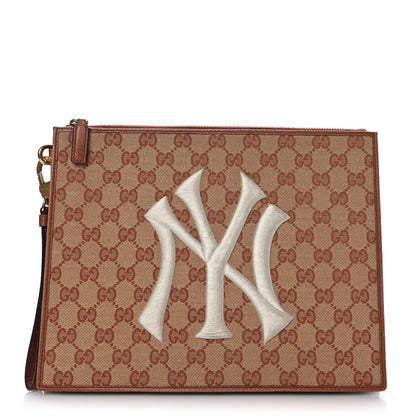 Gucci X MLB GG Monogram NY Yankees Zip Wristlet Pouch Beige Ruggine Ivory 1 of 10