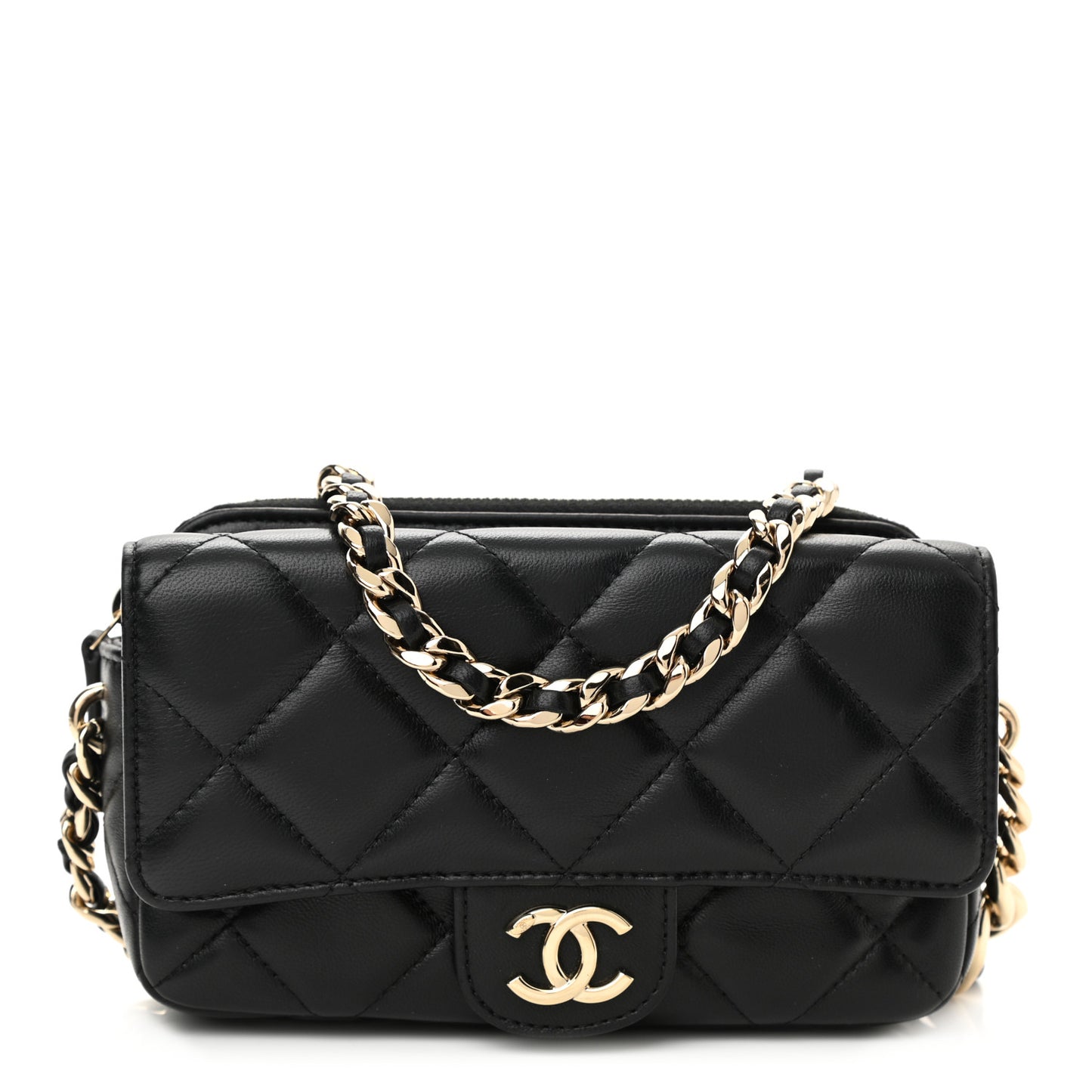 Lambskin Quilted Resin Bi-Color Flap Phone Holder With Chain Black