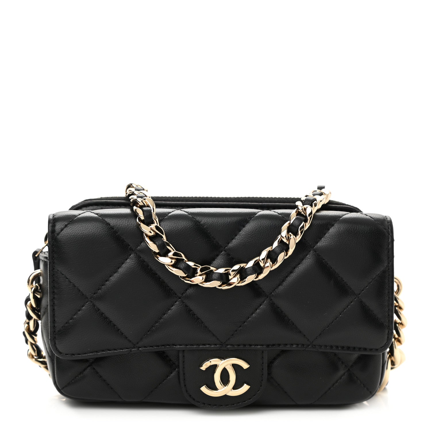 Chanel Lambskin Quilted Resin Bi-Color Flap Phone Holder With Chain Black 1 of 11