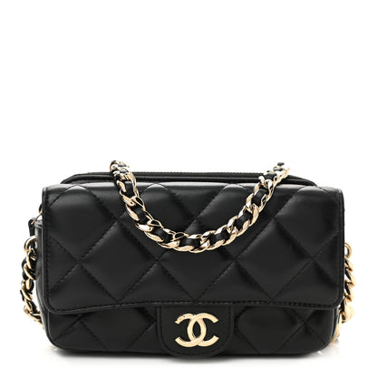 Chanel Lambskin Quilted Resin Bi-Color Flap Phone Holder With Chain Black 1 of 11