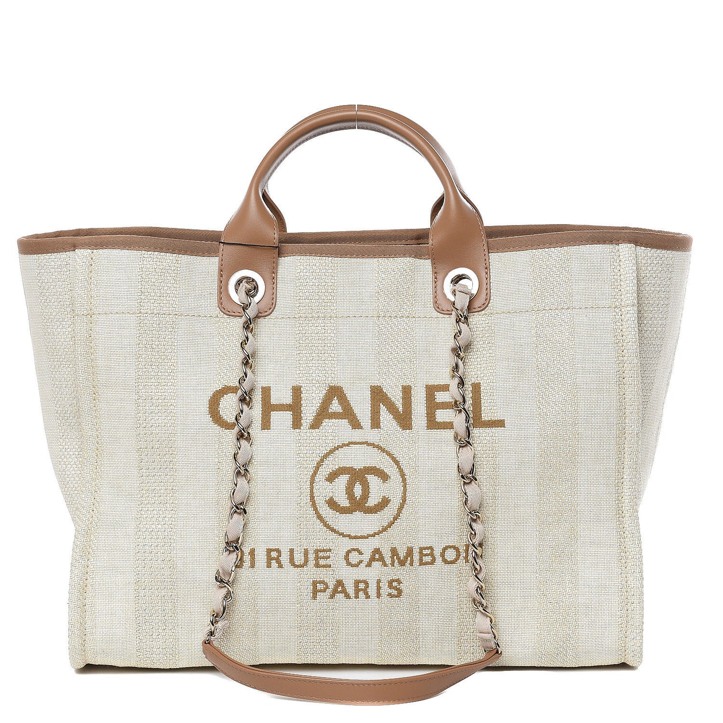 Straw Raffia Calfskin Striped Large Deauville Tote Beige