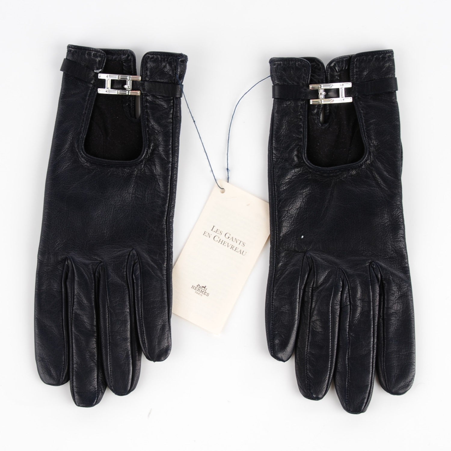 Hermes Lambskin Baguette Crystal Silk Lined Gloves 6.5 Indigo 5 of 7