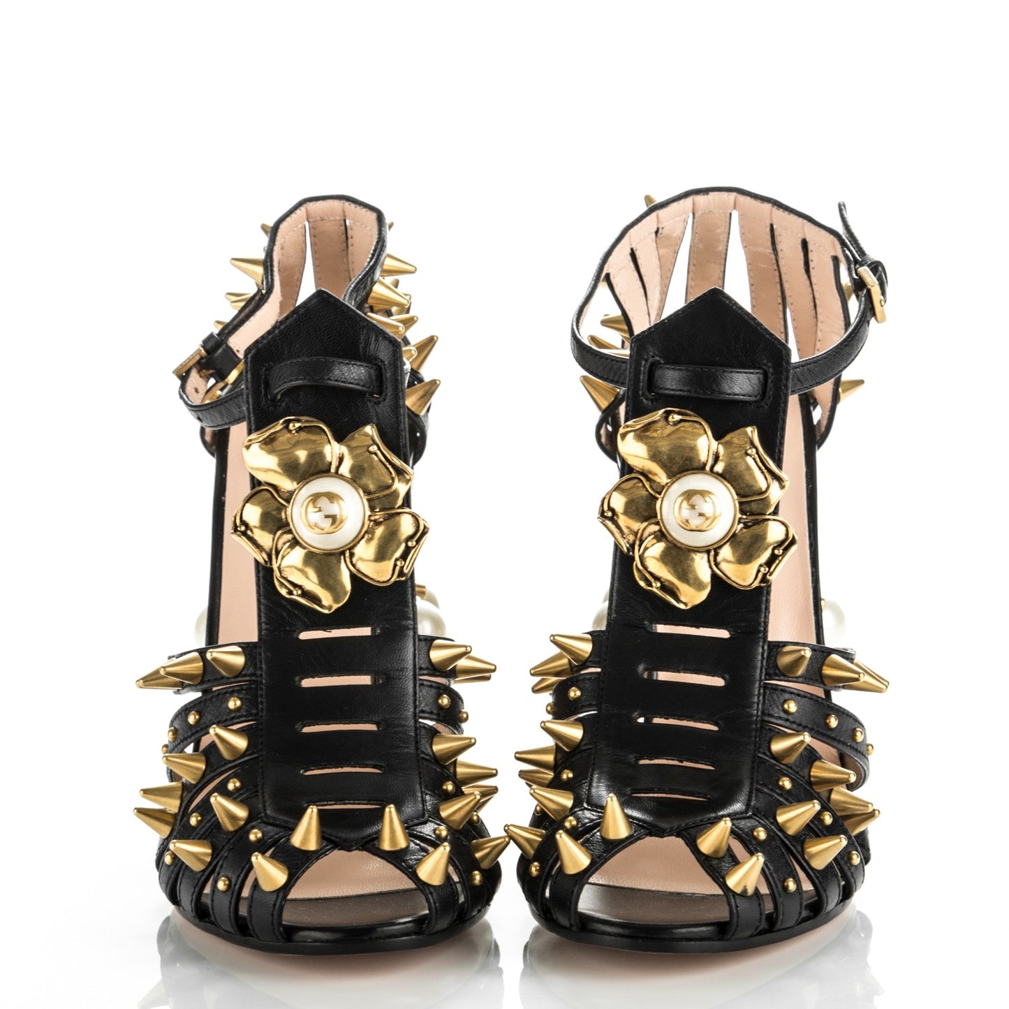 Kid Leather Studded Kendall Sandals 38.5 Black Gold